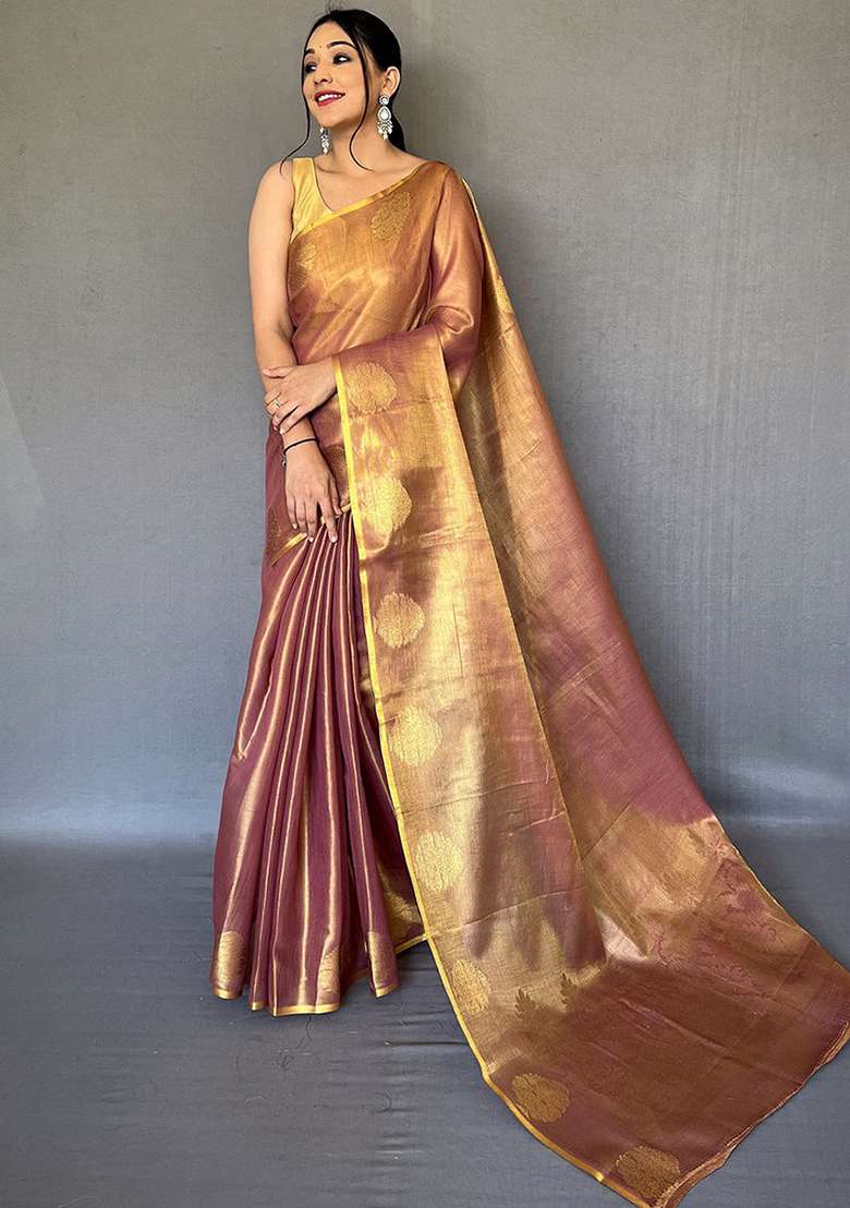 Brown Solid Silk Saree Set for Diwali and Festive Wear - Indya