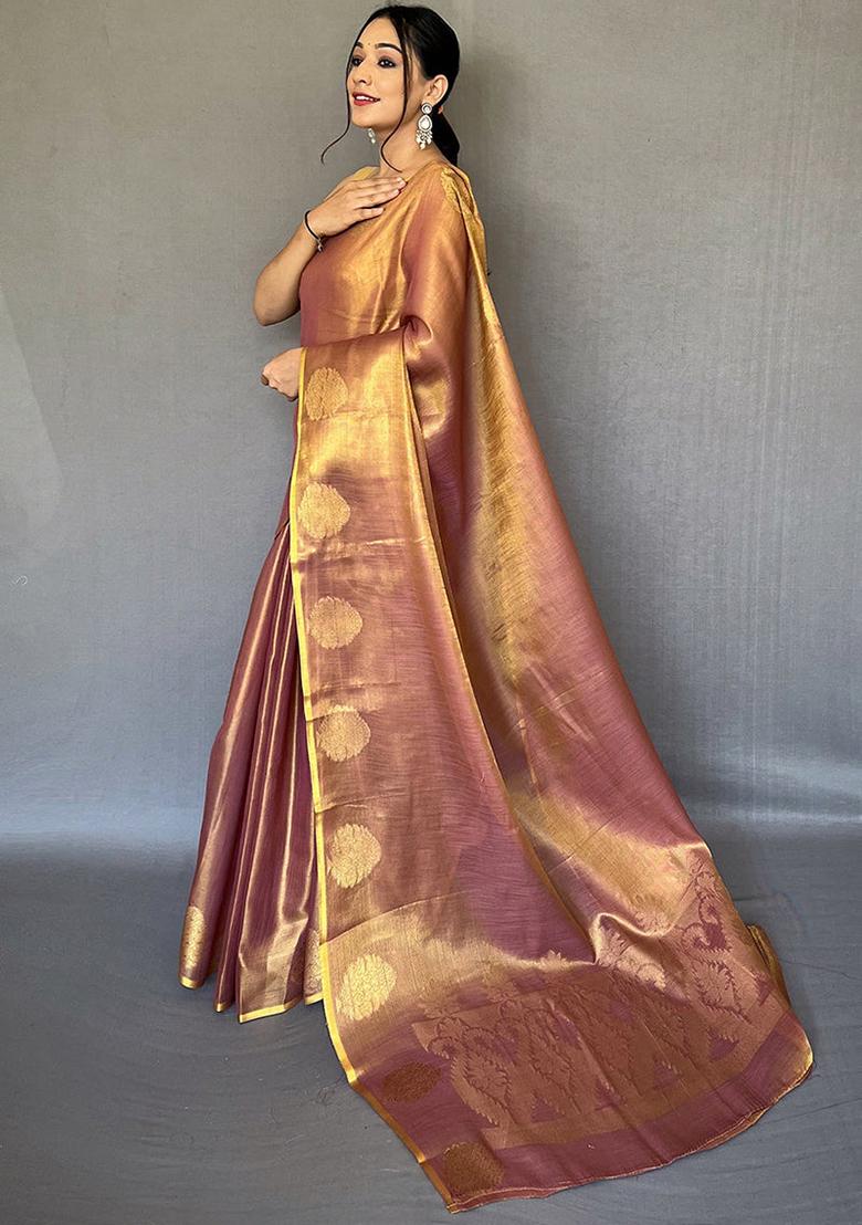 Brown Solid Silk Saree Set