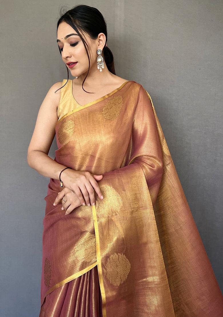 Brown Solid Silk Saree Set