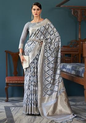 Grey Solid Linen Saree Set
