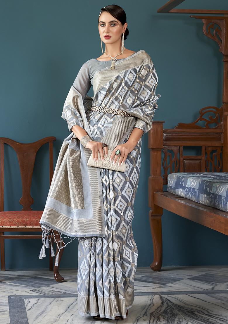 Grey Solid Linen Saree Set