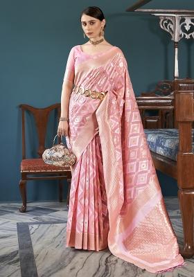Pink Solid Linen Saree Set