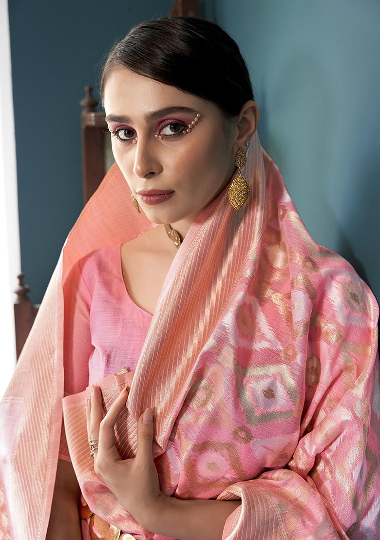 Pink Solid Linen Saree Set