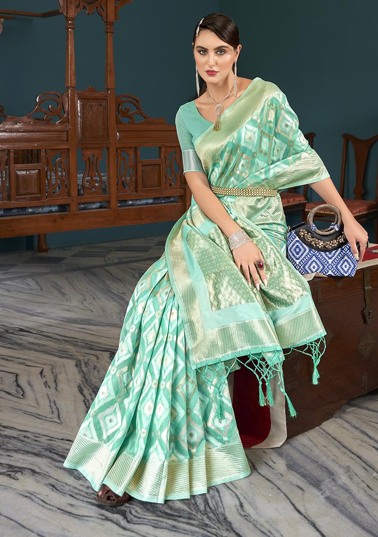 Green Solid Linen Saree Set