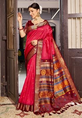 Red Solid Silk Saree Set