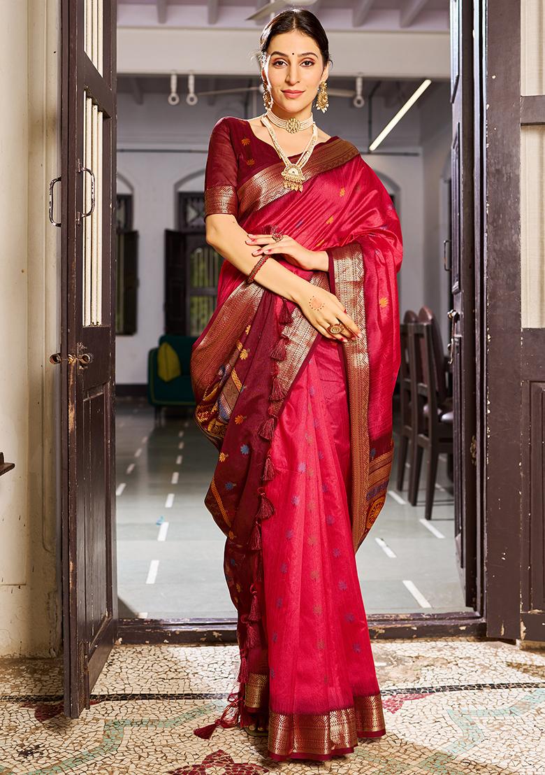 Red Solid Silk Saree Set