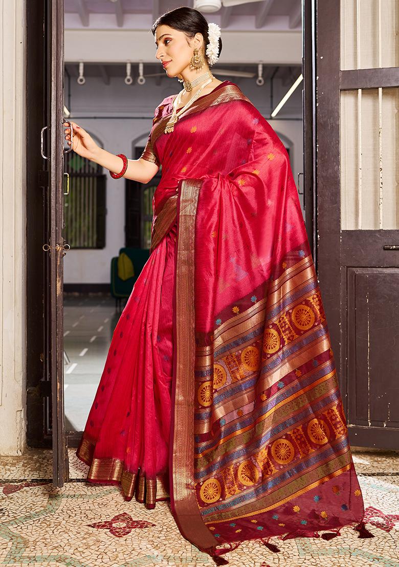 Red Solid Silk Saree Set