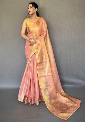 Pink Solid Silk Saree Set