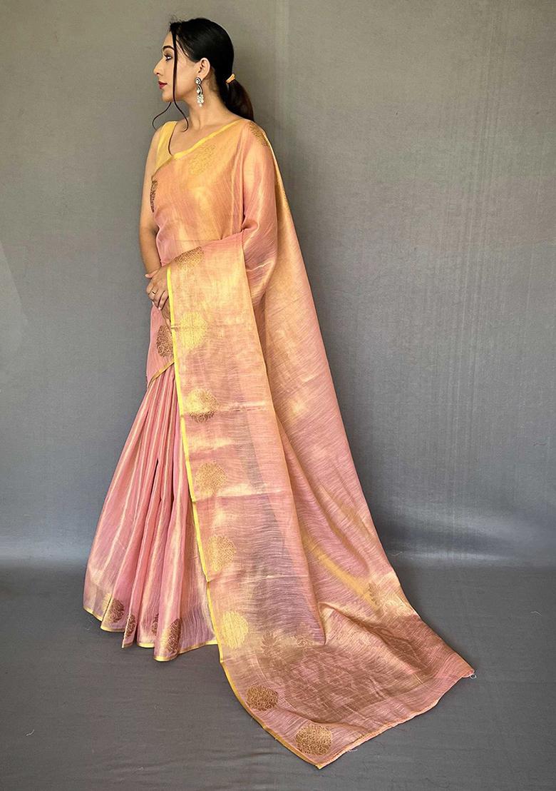 Pink Solid Silk Saree Set