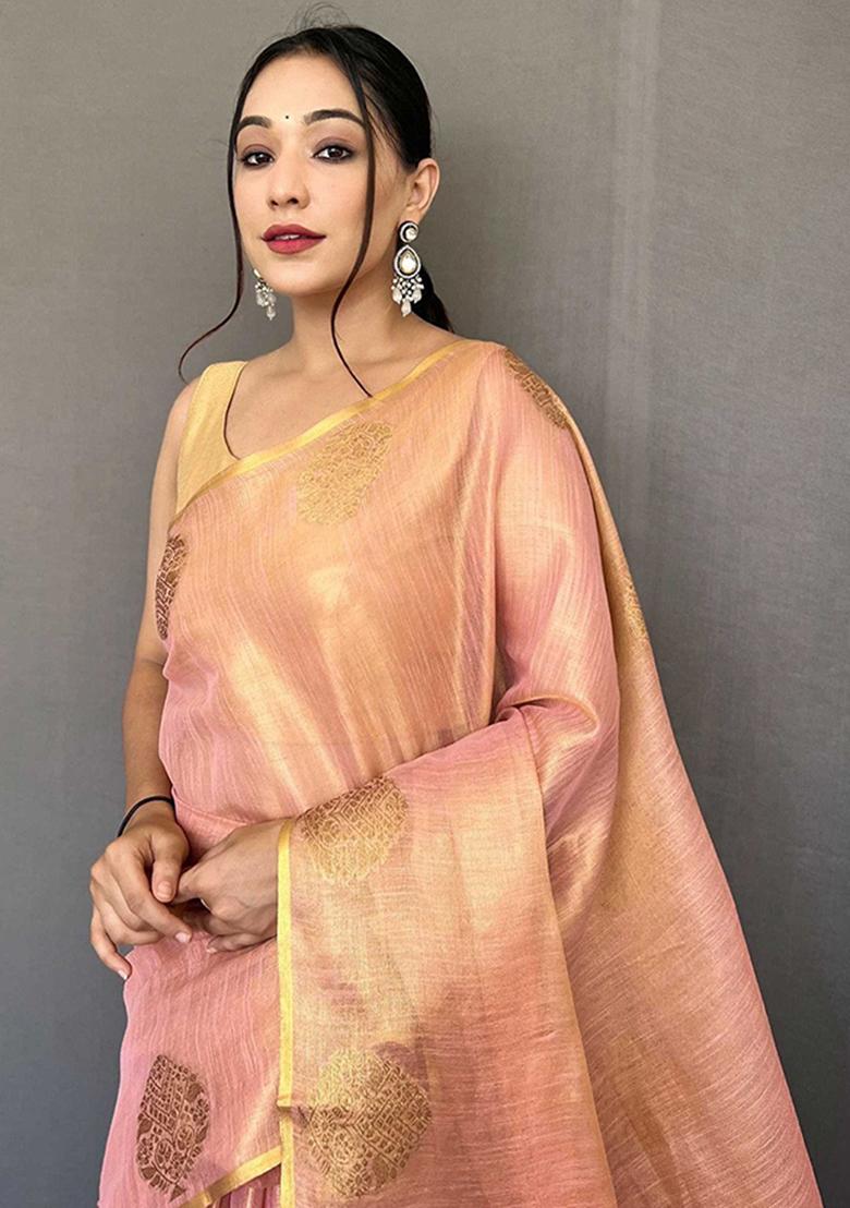 Pink Solid Silk Saree Set