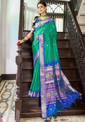 Green Solid Silk Saree Set