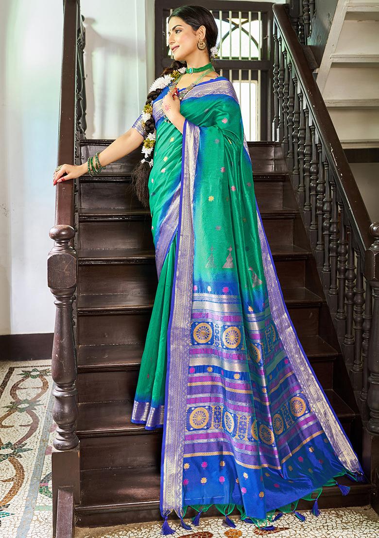 Green Solid Silk Saree Set