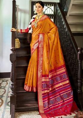 Orange Solid Silk Saree Set