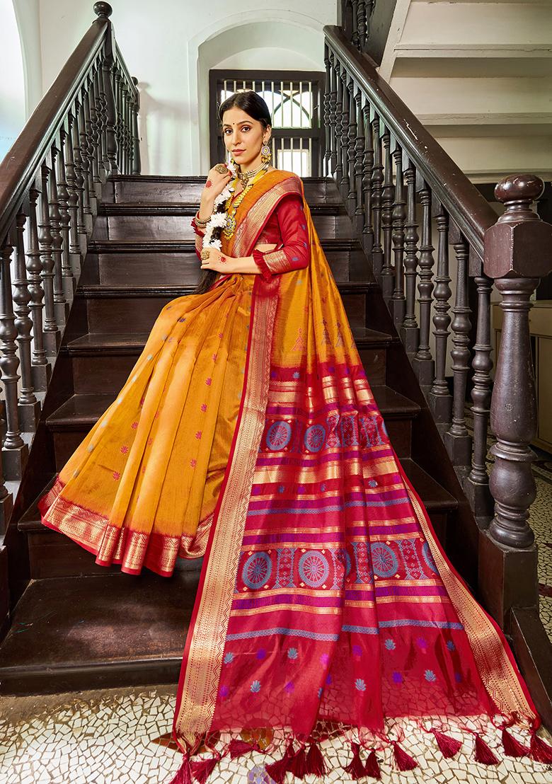 Orange Solid Silk Saree Set