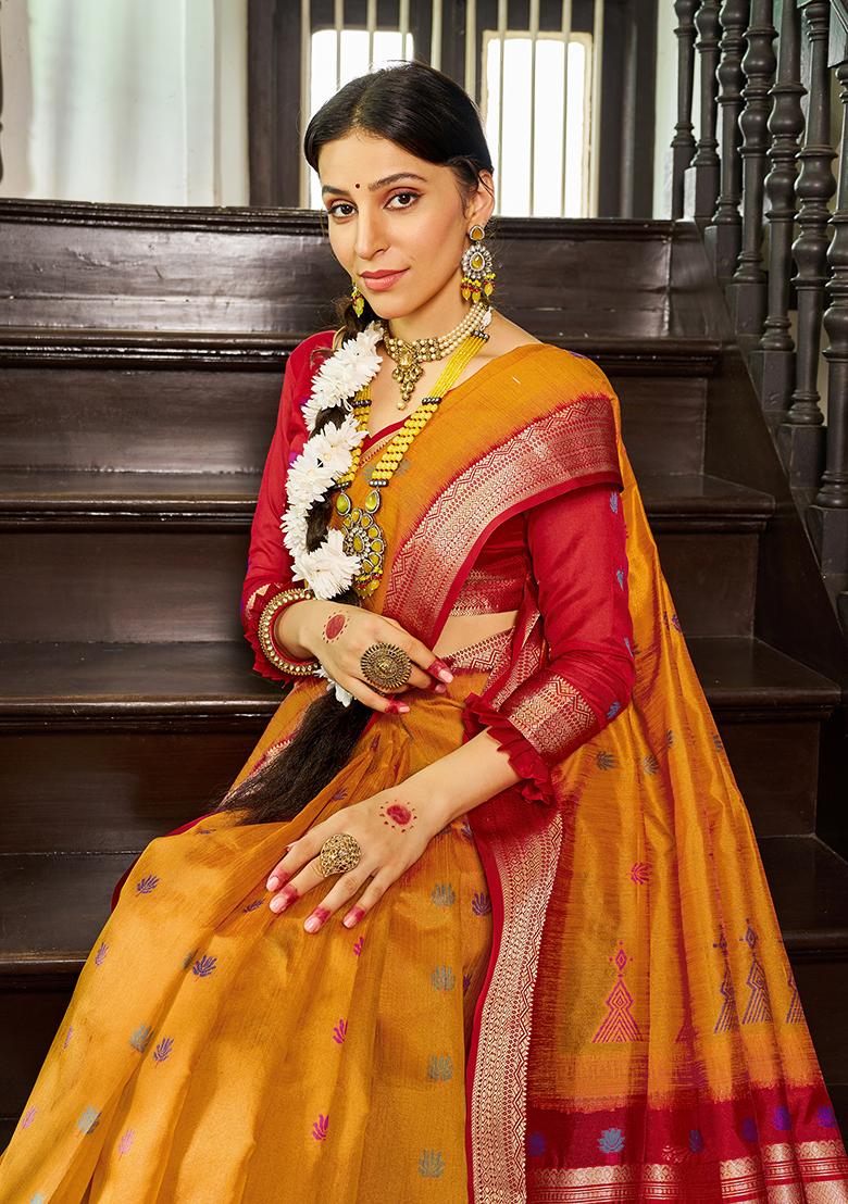 Orange Solid Silk Saree Set