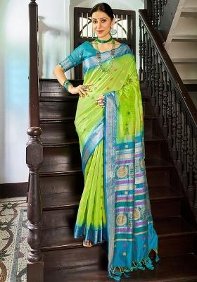 Parrot Green Solid Silk Saree Set
