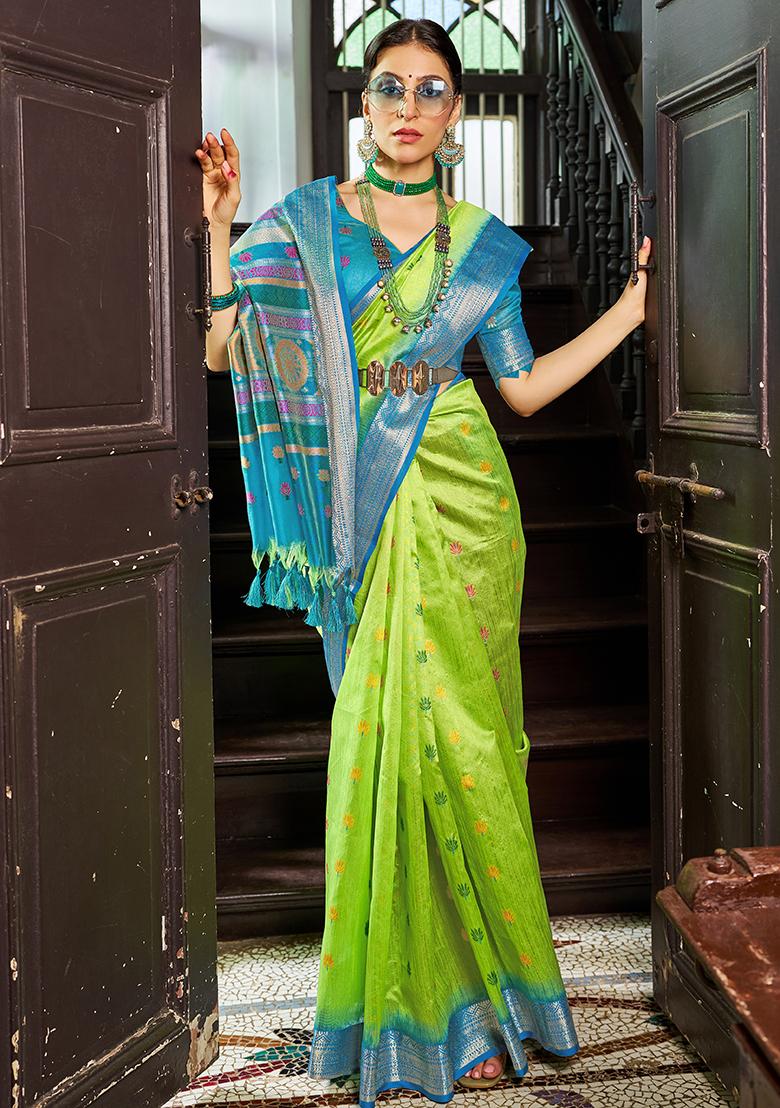 Parrot Green Solid Silk Saree Set