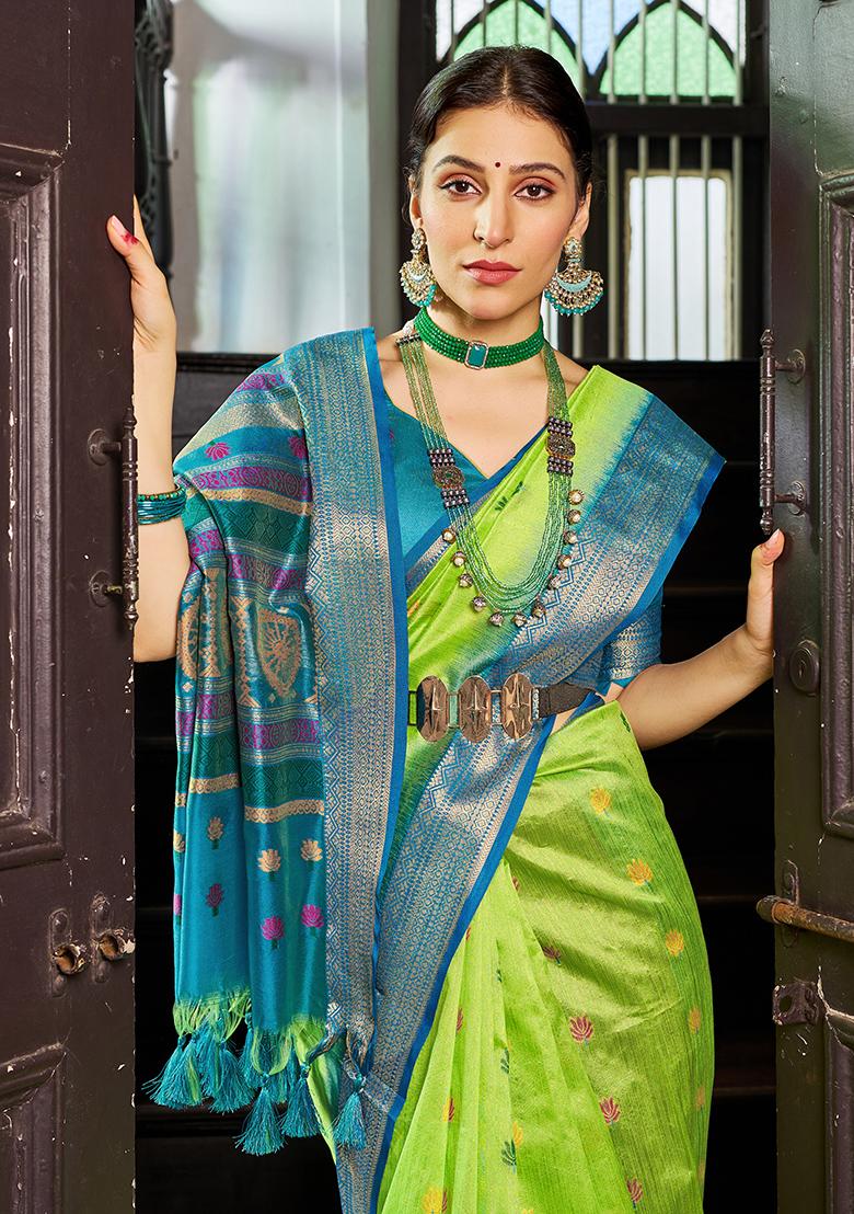 Parrot Green Solid Silk Saree Set