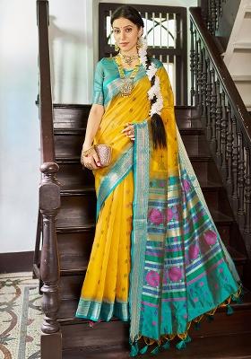 Yellow Solid Silk Saree Set
