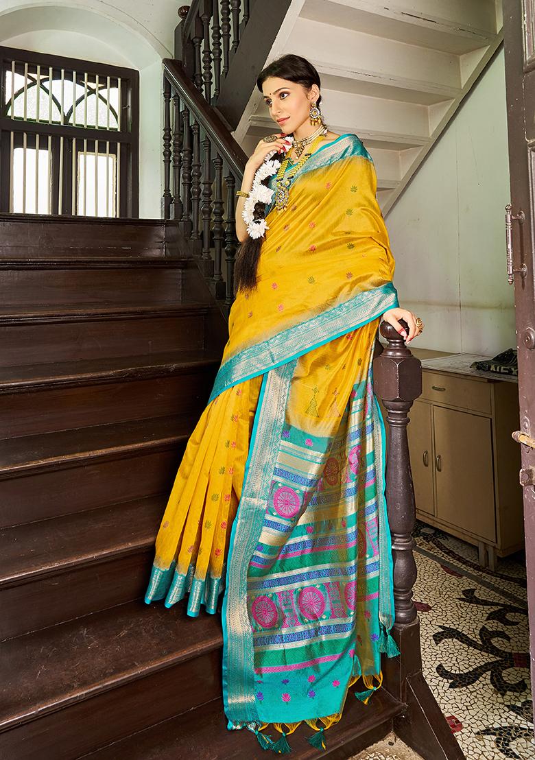 Yellow Solid Silk Saree Set