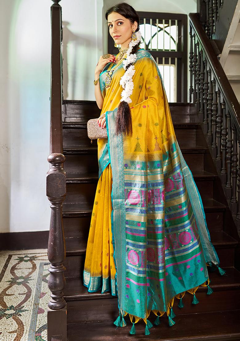Yellow Solid Silk Saree Set