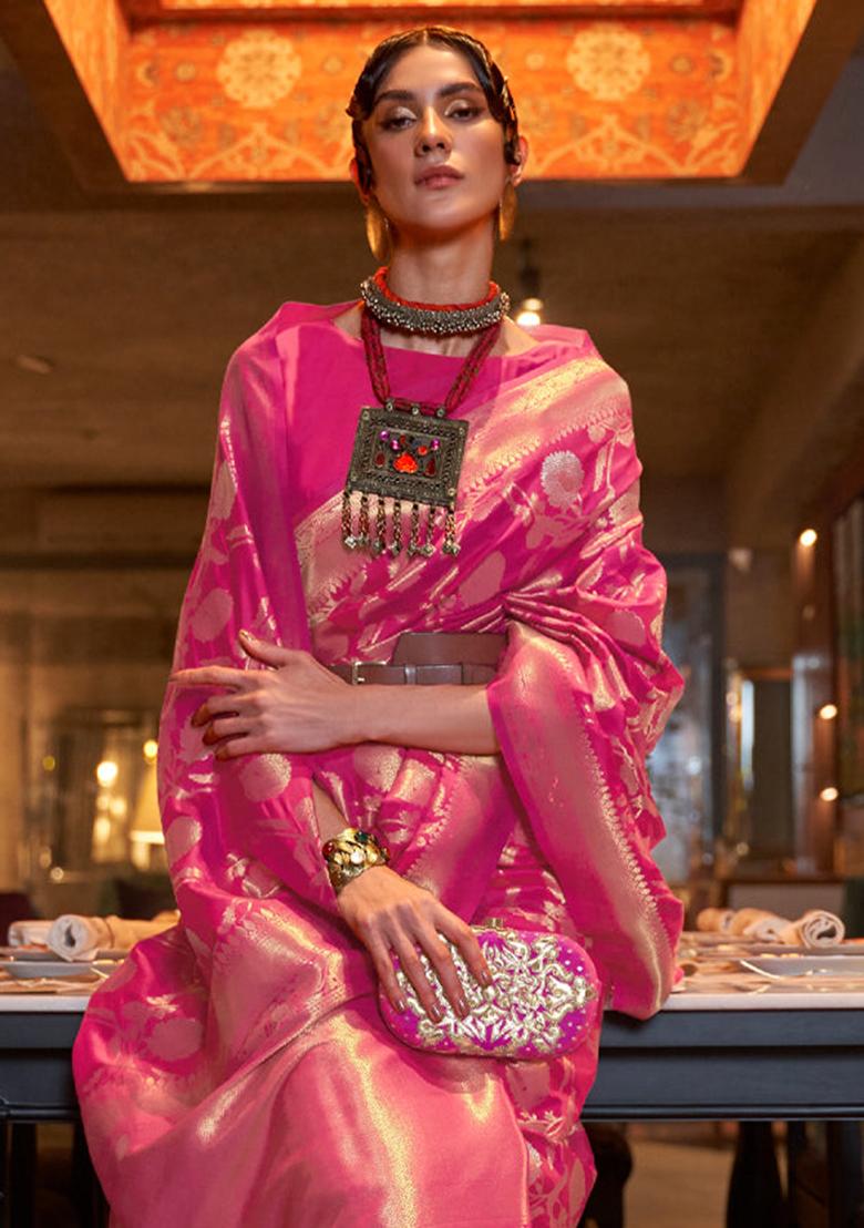 Pink Solid Silk Saree Set