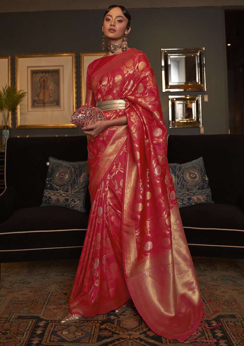Red Solid Silk Saree Set for Diwali and Festive Wear - Indya