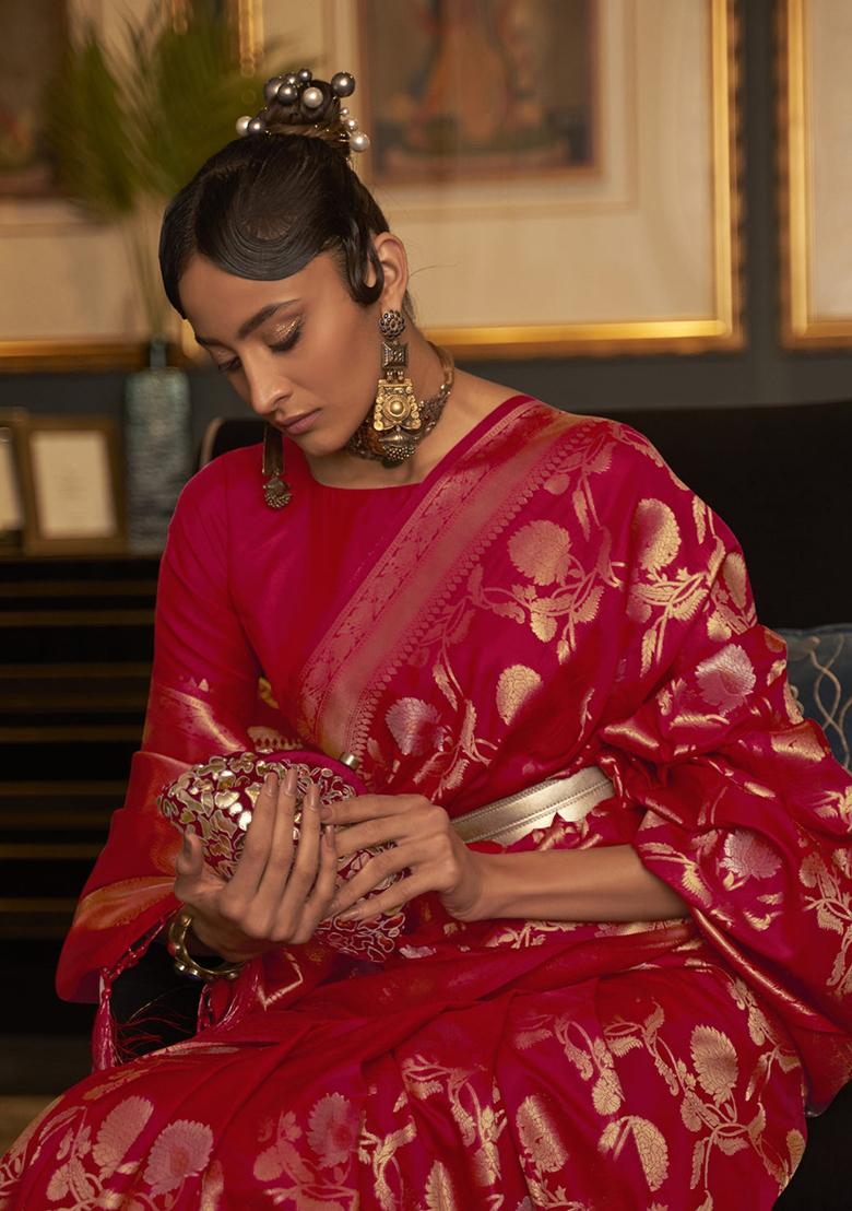 Red Solid Silk Saree Set