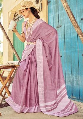 Pink Solid Linen Saree Set