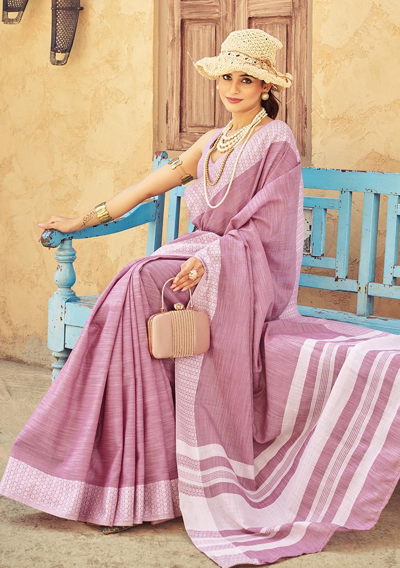 Pink Solid Linen Saree Set