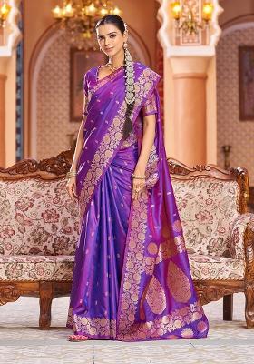 Purple Solid Silk Blend Saree Set