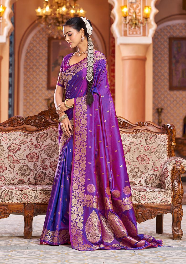 Purple Solid Silk Blend Saree Set