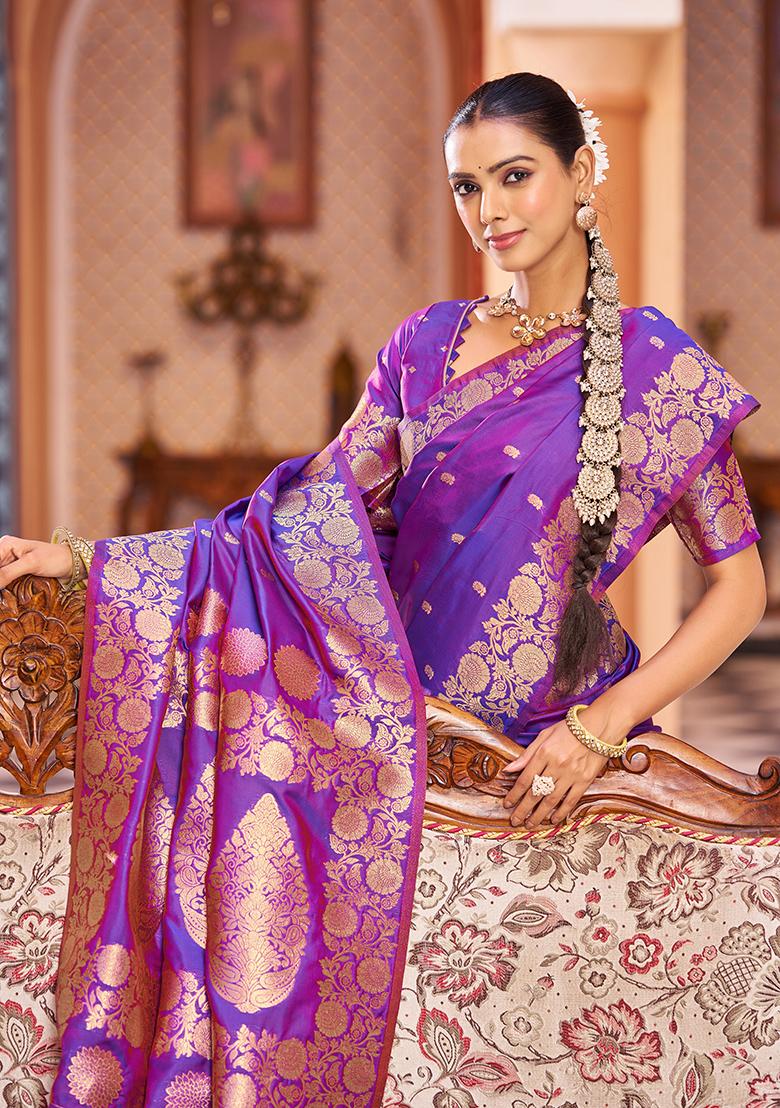 Purple Solid Silk Blend Saree Set