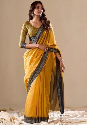 Yellow Solid Cotton Saree Set