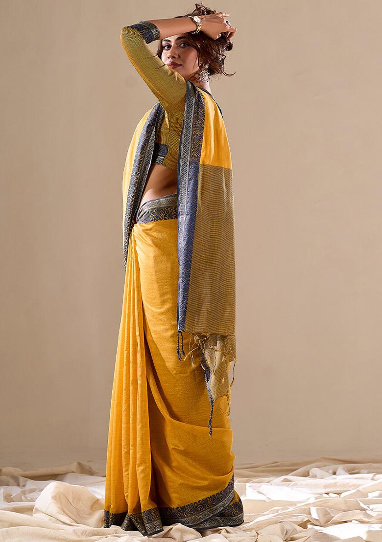Yellow Solid Cotton Saree Set