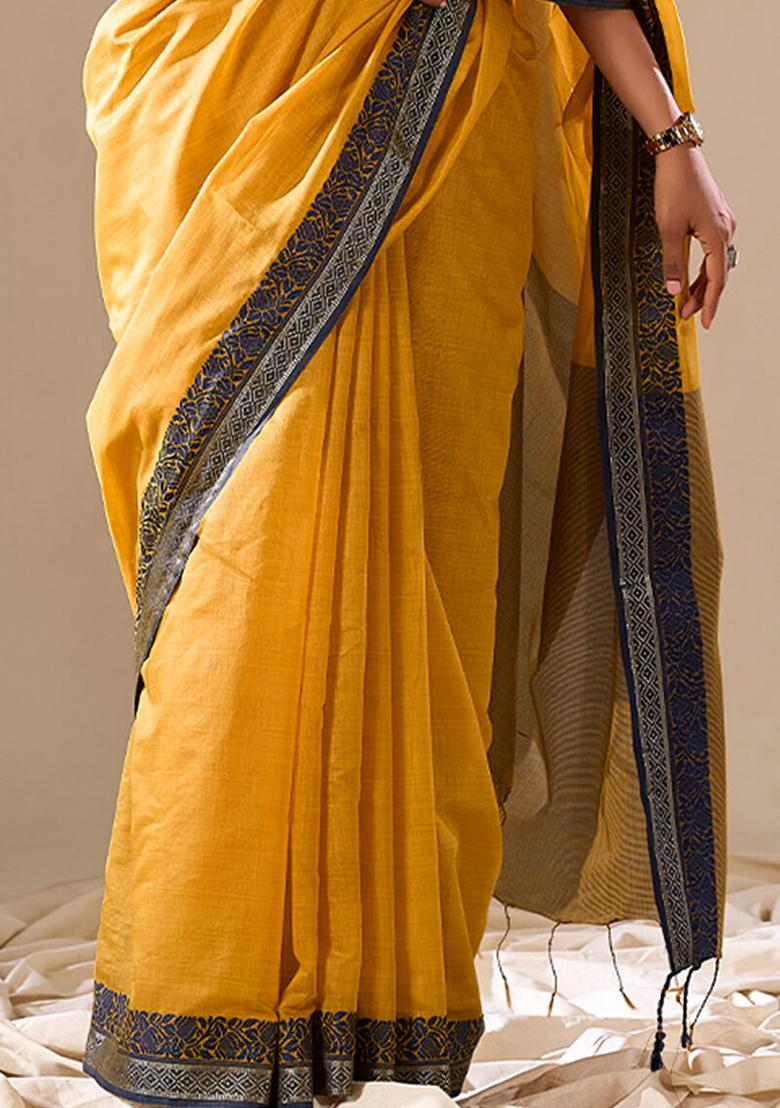 Yellow Solid Cotton Saree Set