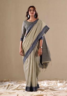 Peach Solid Cotton Saree Set