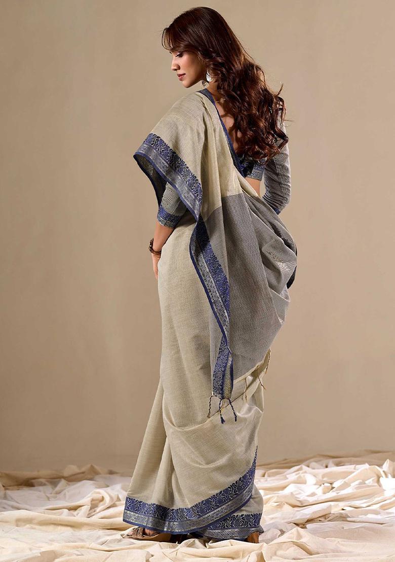 Peach Solid Cotton Saree Set