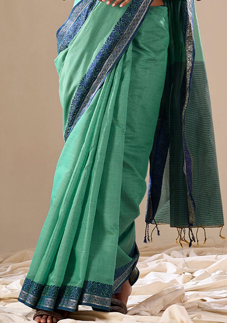 Green Solid Cotton Saree Set