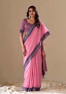 Pink Solid Cotton Saree Set