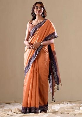 Orange Solid Cotton Saree Set