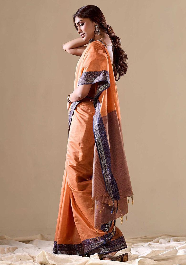 Orange Solid Cotton Saree Set