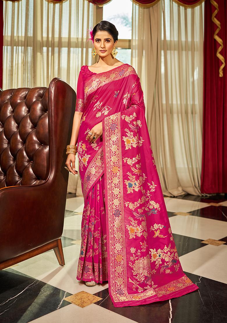 Pink Solid Silk Saree Set