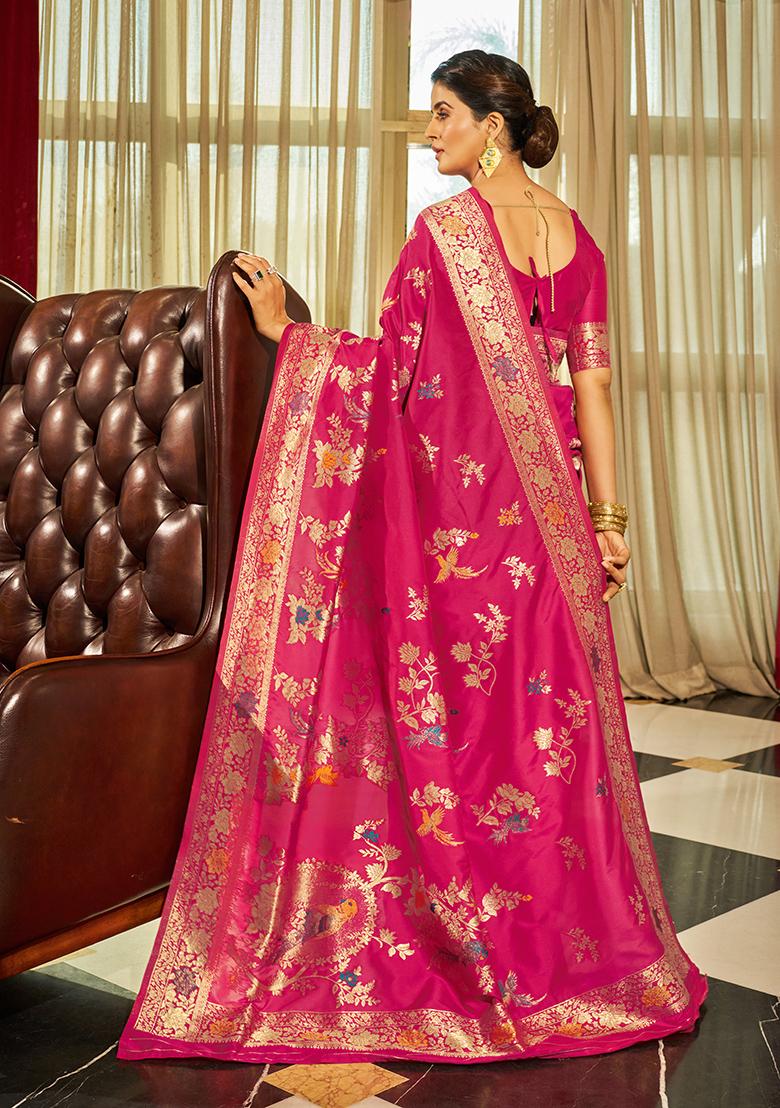 Pink Solid Silk Saree Set