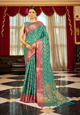 Green Solid Silk Saree Set