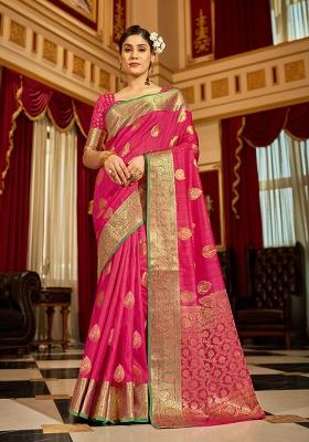 Pink Solid Silk Saree Set
