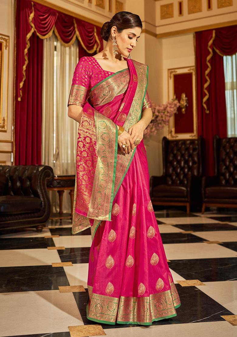 Pink Solid Silk Saree Set