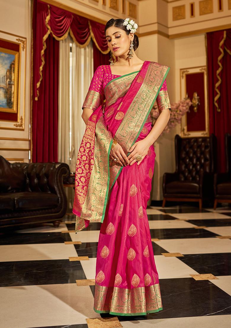 Pink Solid Silk Saree Set