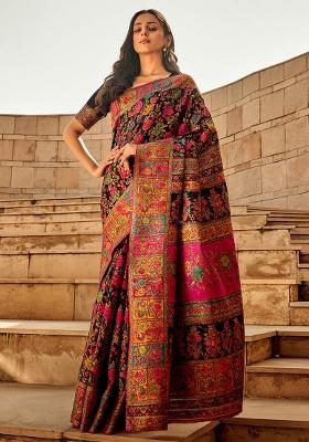 Black Solid Poly Blend Saree Set