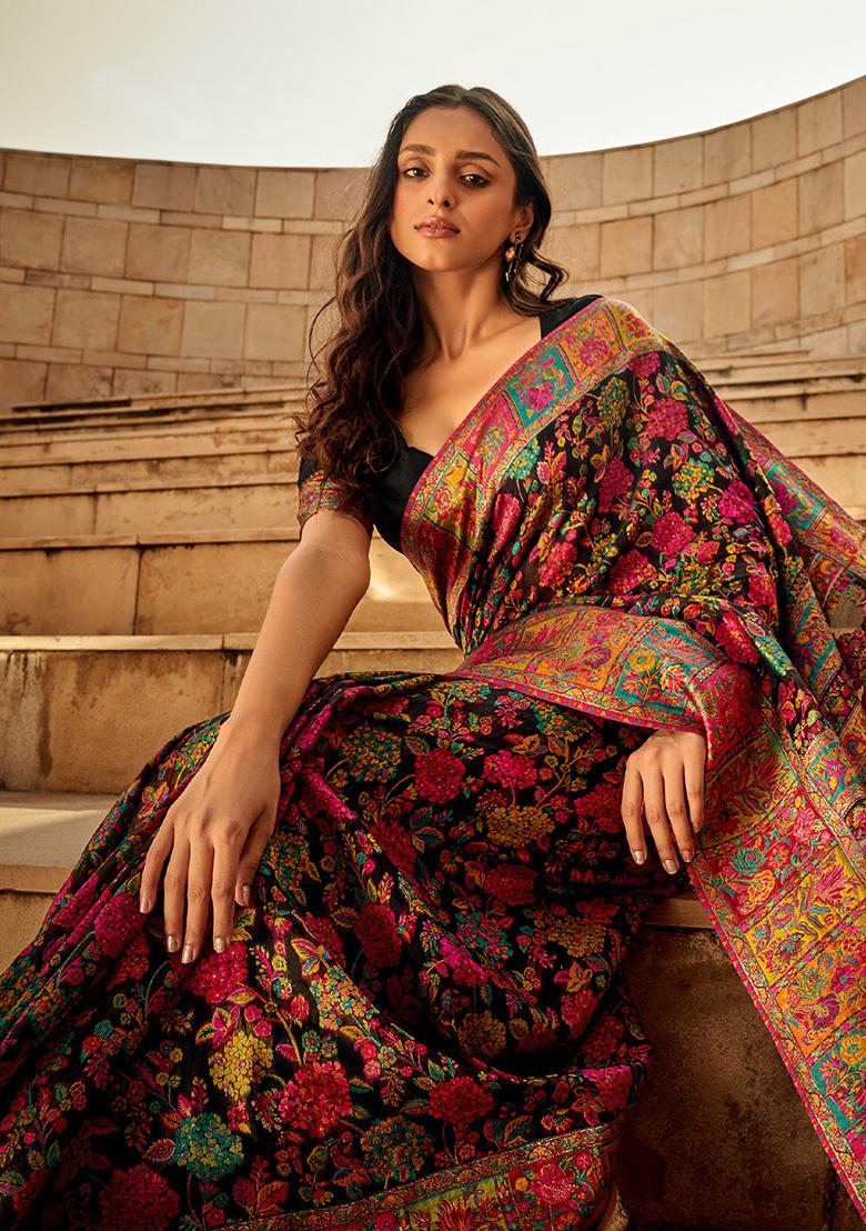 Black Solid Poly Blend Saree Set